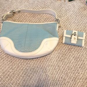 Blue and white coach purse with matching wallet